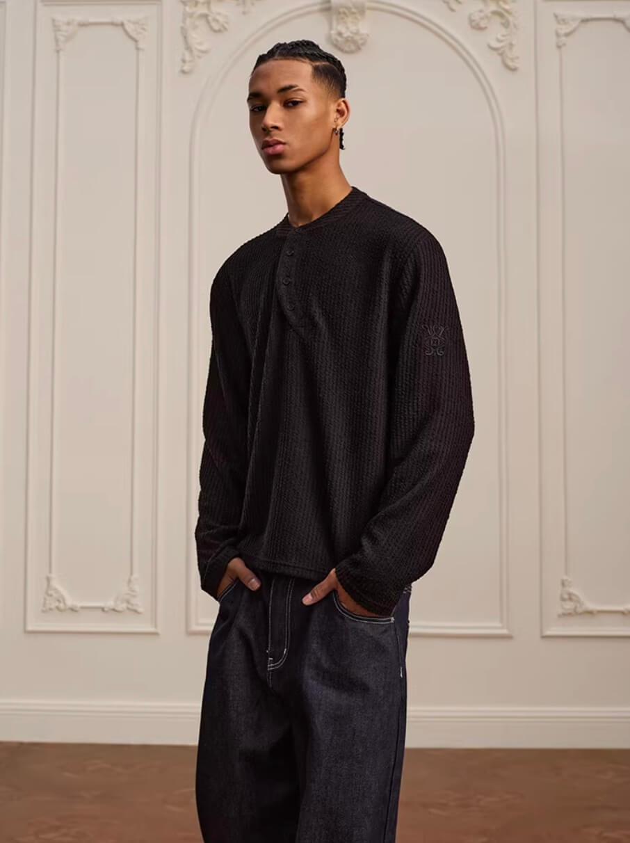 YADcrew Twisted Henley Pinstripe Long Sleeve Tee