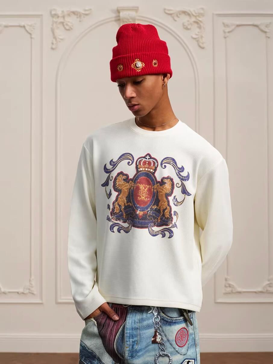 YADcrew Horse Vintage Print Waffle Long Sleeve Tee