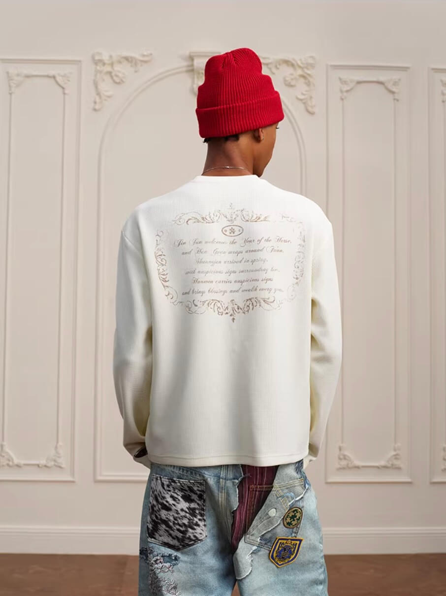 YADcrew Horse Vintage Print Waffle Long Sleeve Tee