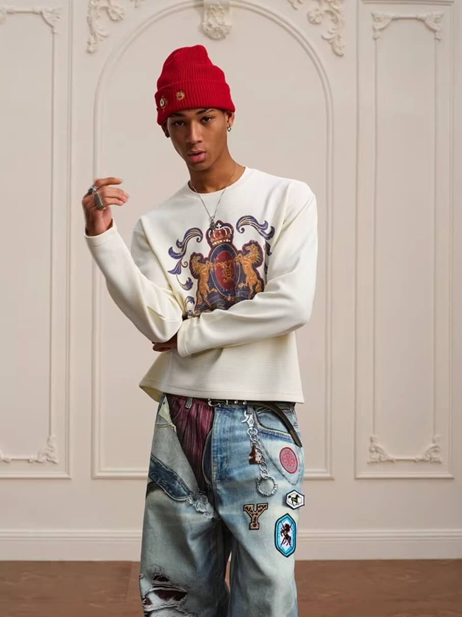 YADcrew Horse Vintage Print Waffle Long Sleeve Tee