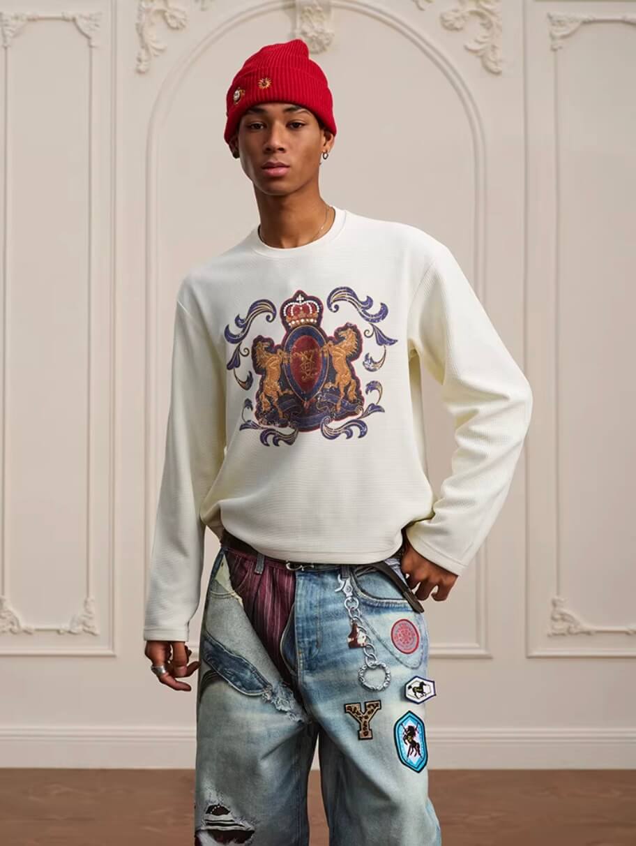 YADcrew Horse Vintage Print Waffle Long Sleeve Tee