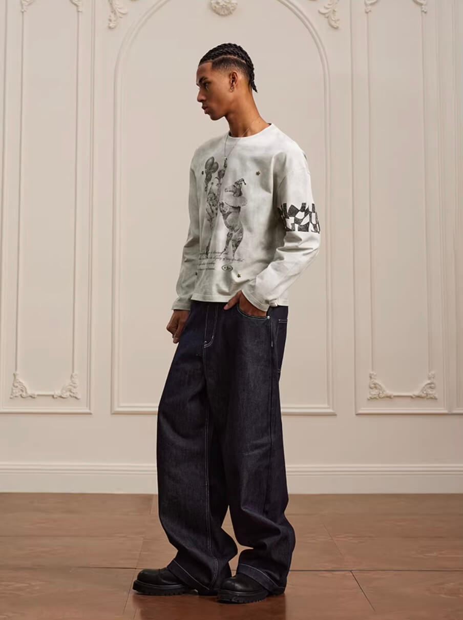 YADcrew Dirty Washed Circus Star Studded Long Sleeve Tee