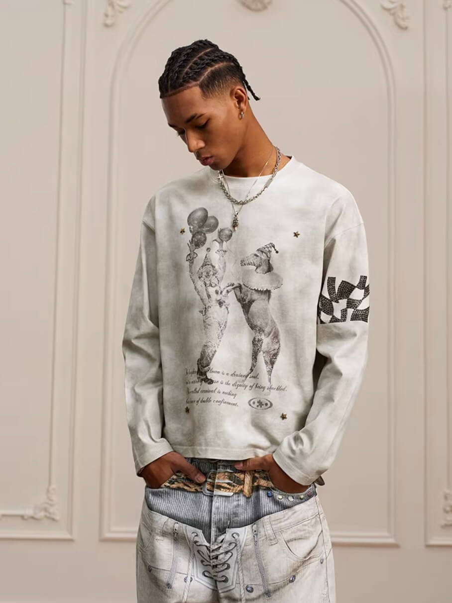 YADcrew Dirty Washed Circus Star Studded Long Sleeve Tee