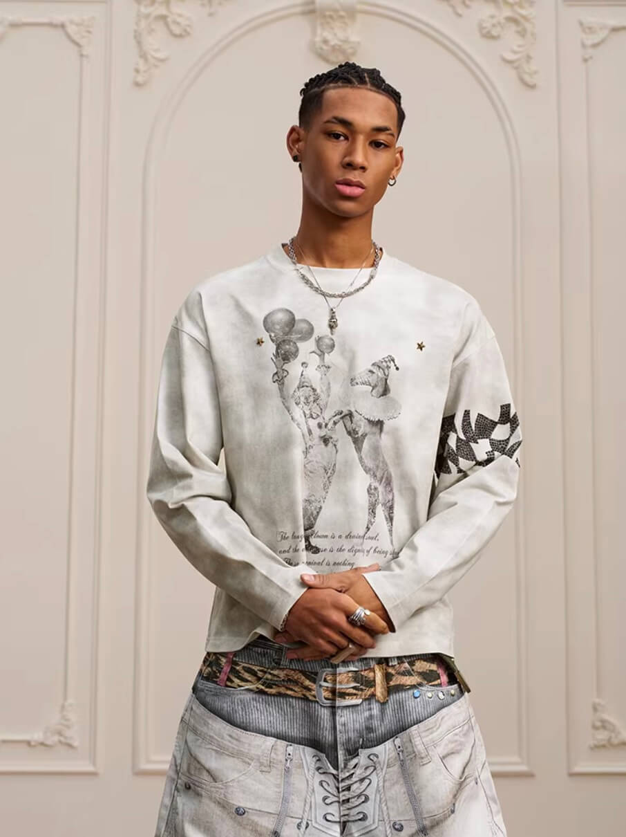 YADcrew Dirty Washed Circus Star Studded Long Sleeve Tee