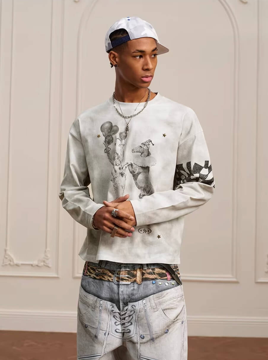 YADcrew Dirty Washed Circus Star Studded Long Sleeve Tee