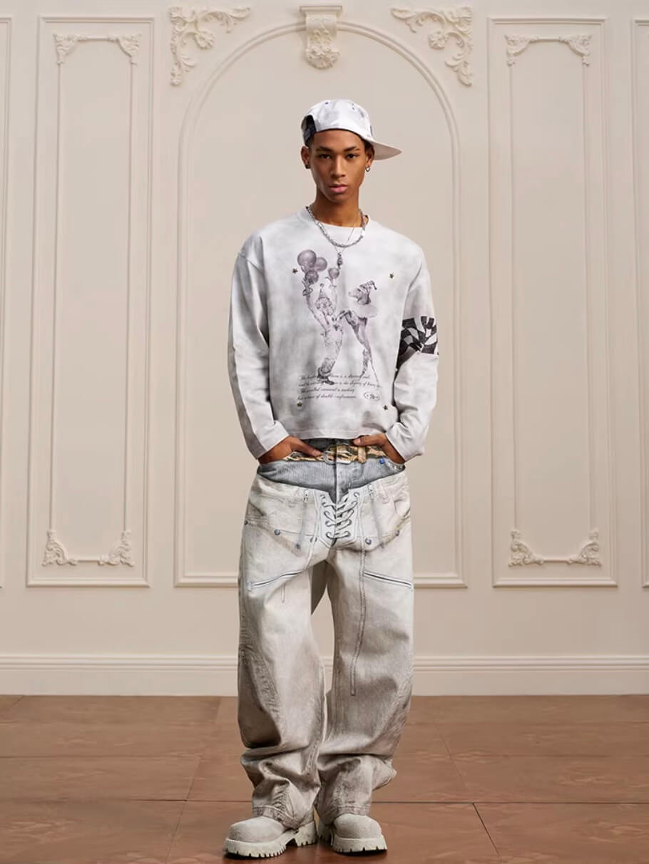 YADcrew Dirty Washed Circus Star Studded Long Sleeve Tee