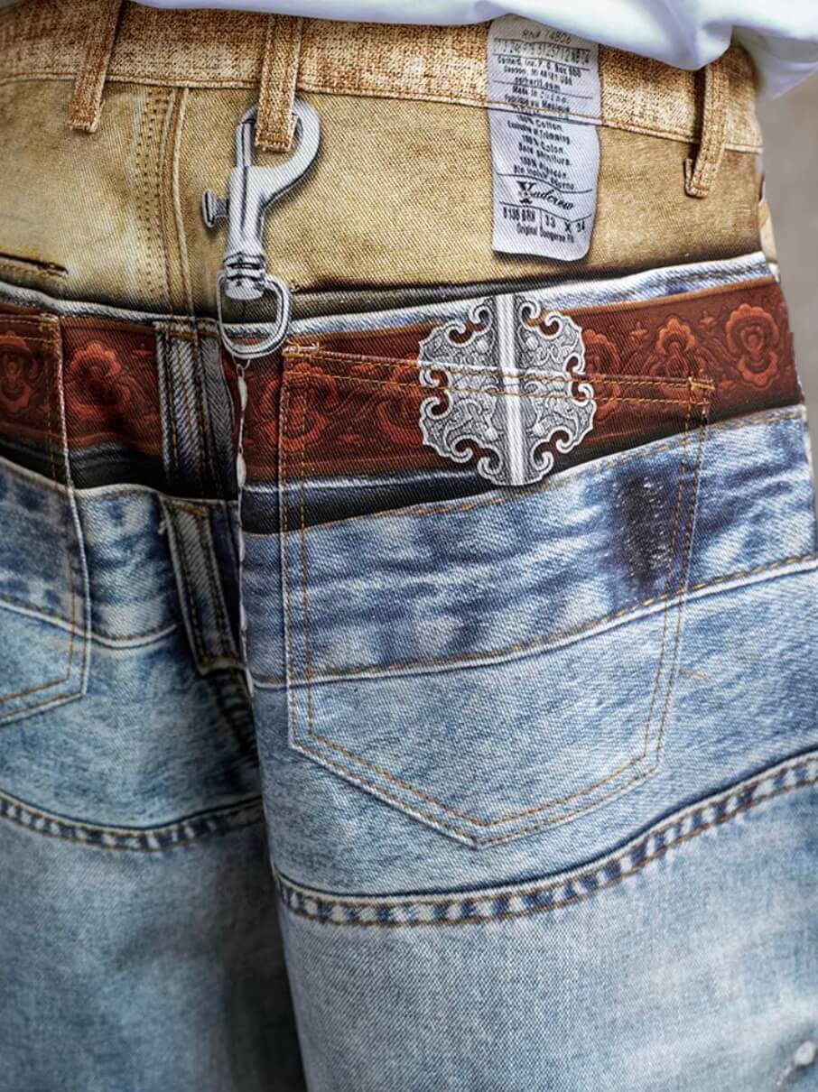 YADcrew Double Waist 3D Digital Print Jeans