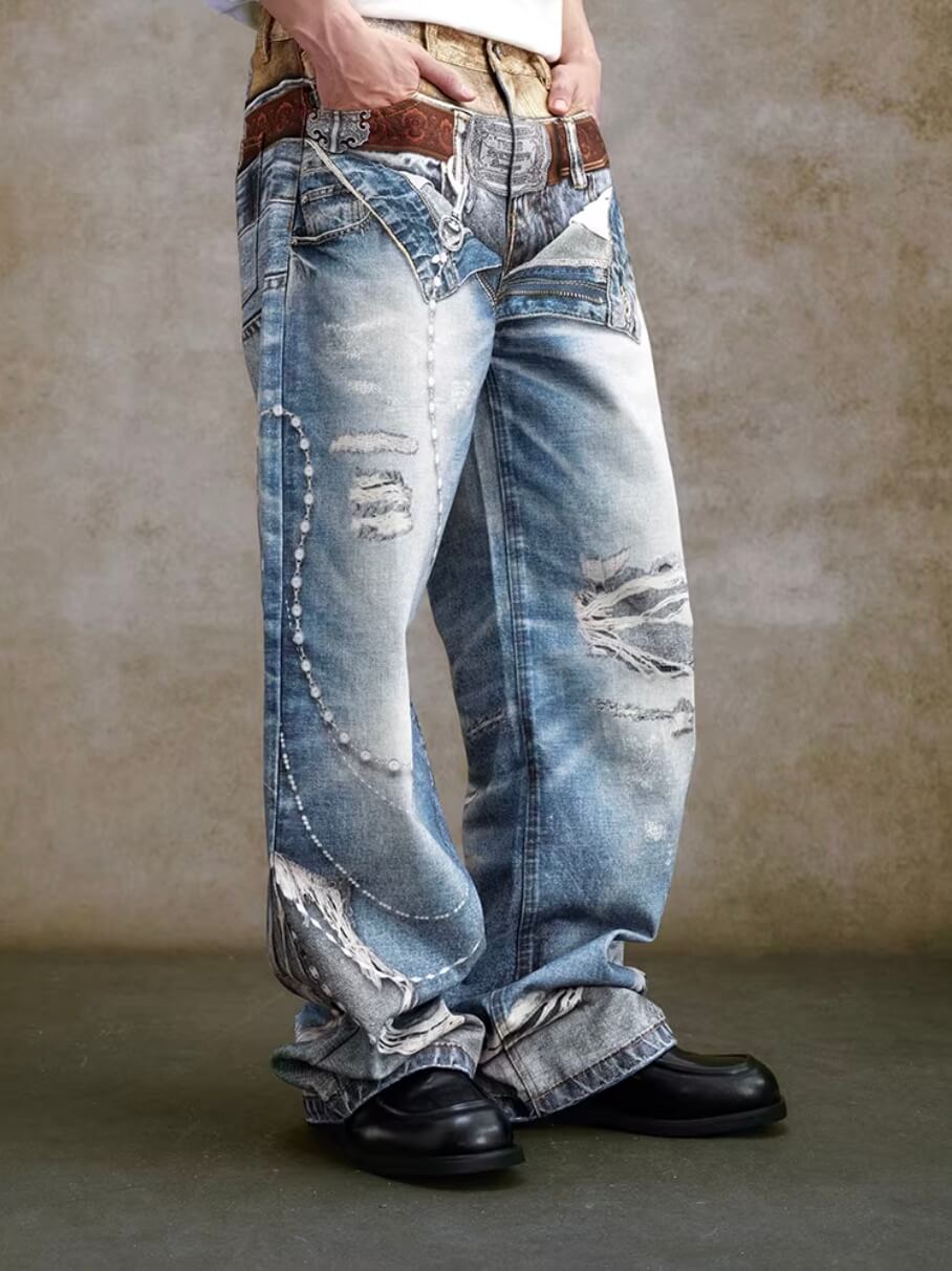 YADcrew Double Waist 3D Digital Print Jeans