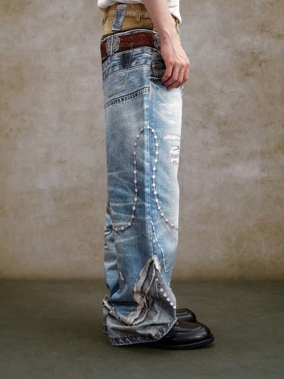 YADcrew Double Waist 3D Digital Print Jeans