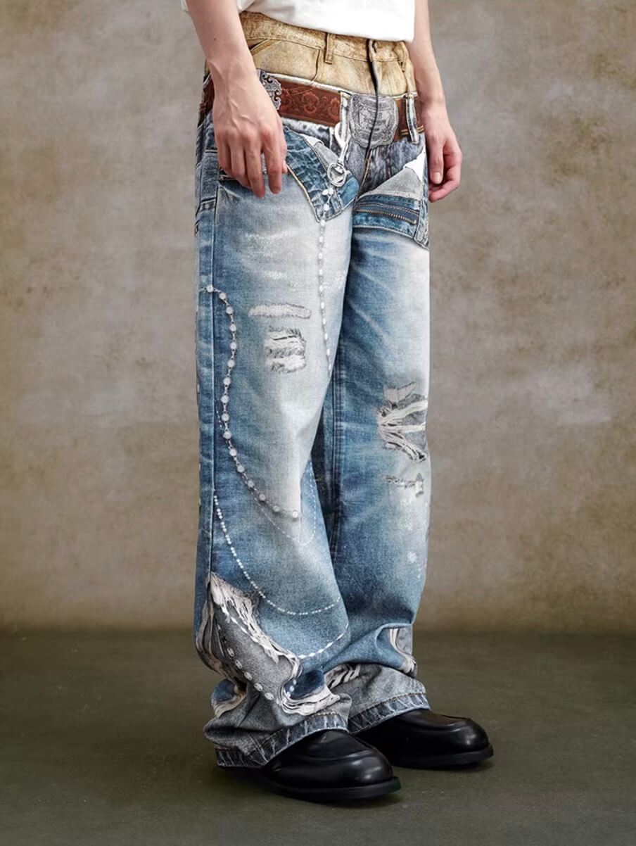 YADcrew Double Waist 3D Digital Print Jeans