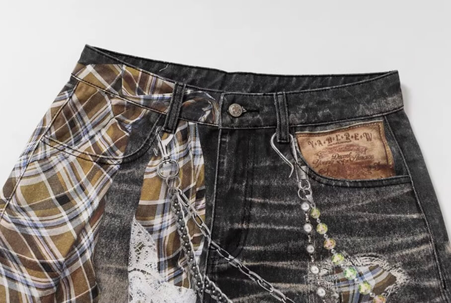 YADcrew Twisted Check Shirt 3D Digital Print Jeans