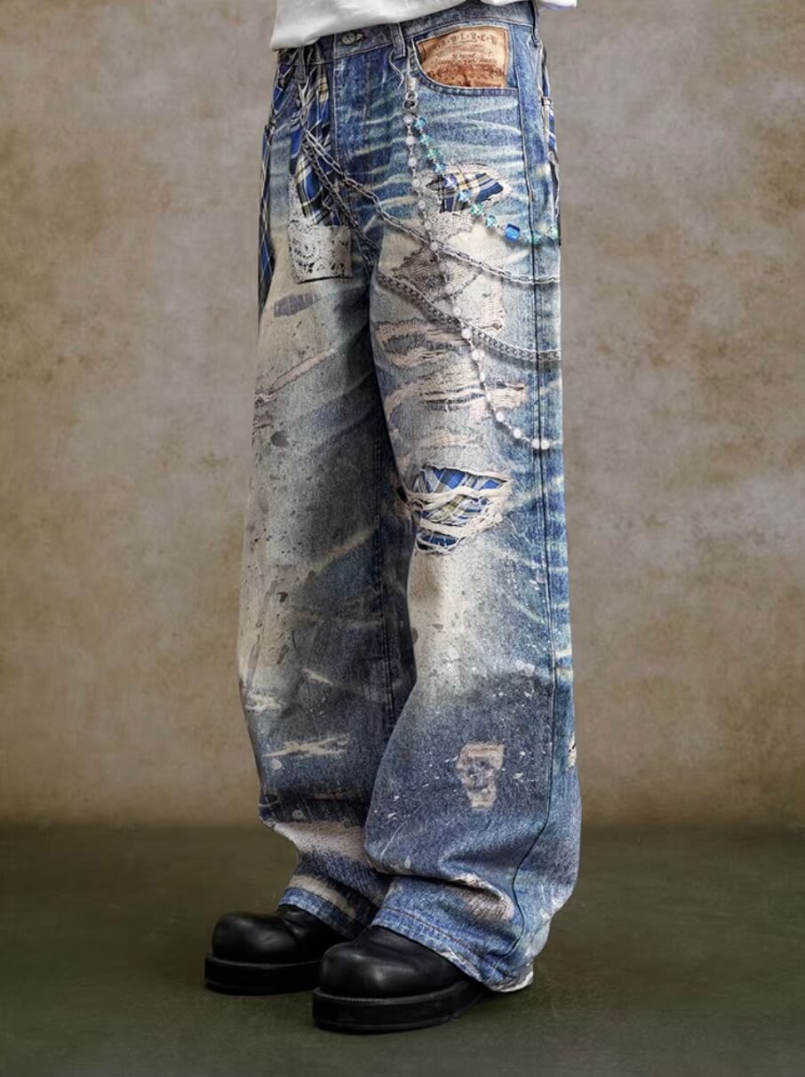 YADcrew Twisted Check Shirt 3D Digital Print Jeans