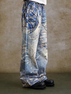 YADcrew Twisted Check Shirt 3D Digital Print Jeans