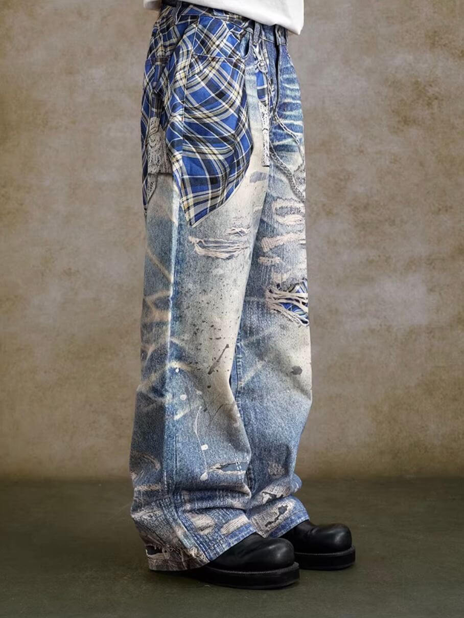 YADcrew Twisted Check Shirt 3D Digital Print Jeans