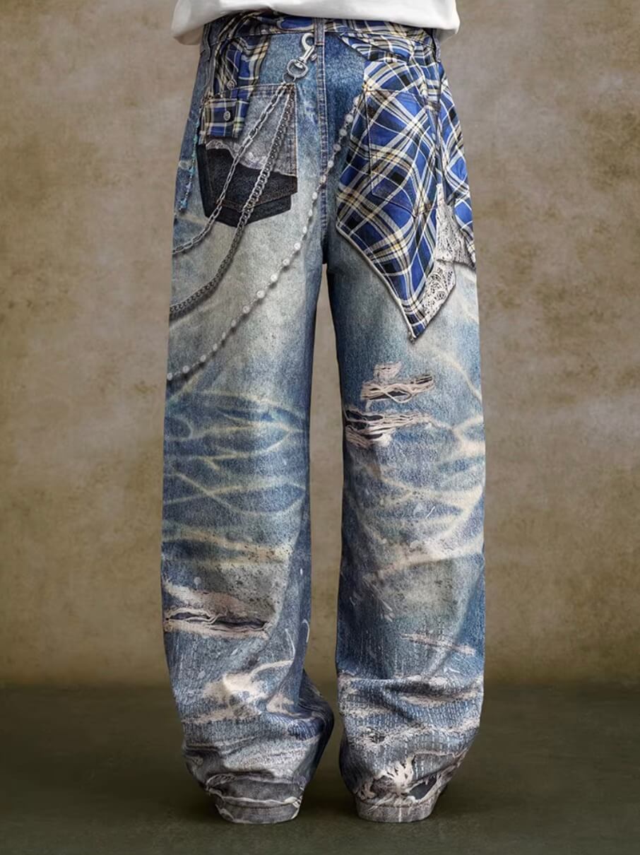 YADcrew Twisted Check Shirt 3D Digital Print Jeans