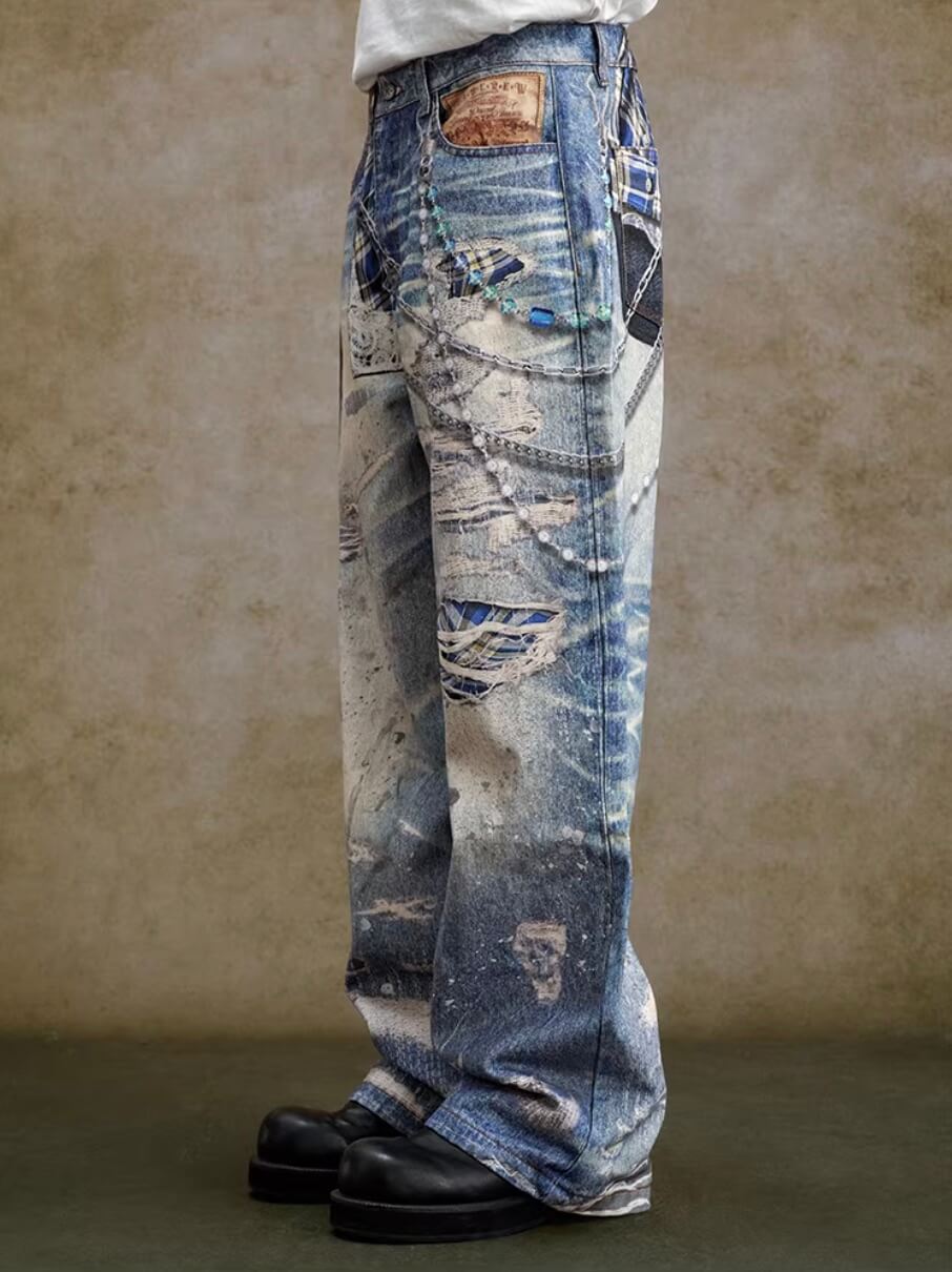 YADcrew Twisted Check Shirt 3D Digital Print Jeans
