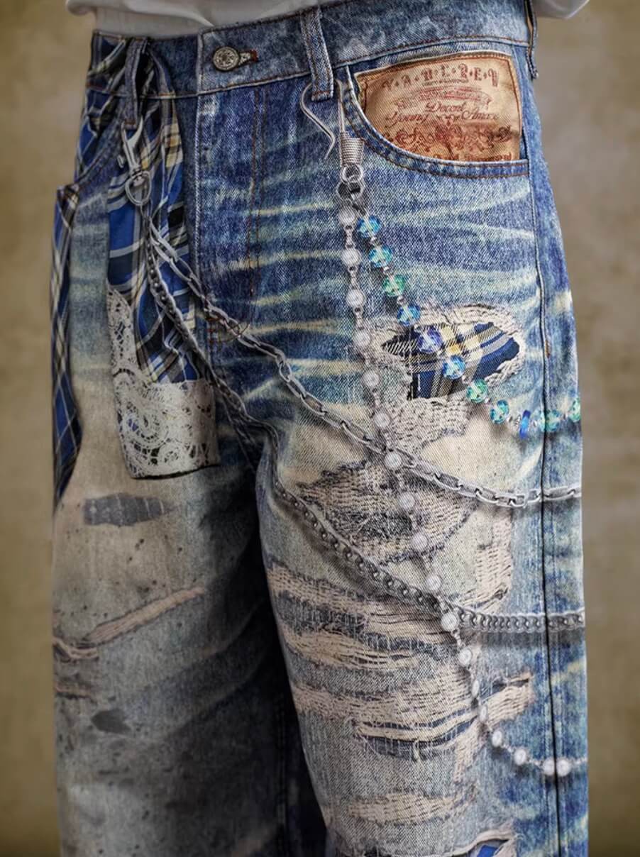 YADcrew Twisted Check Shirt 3D Digital Print Jeans