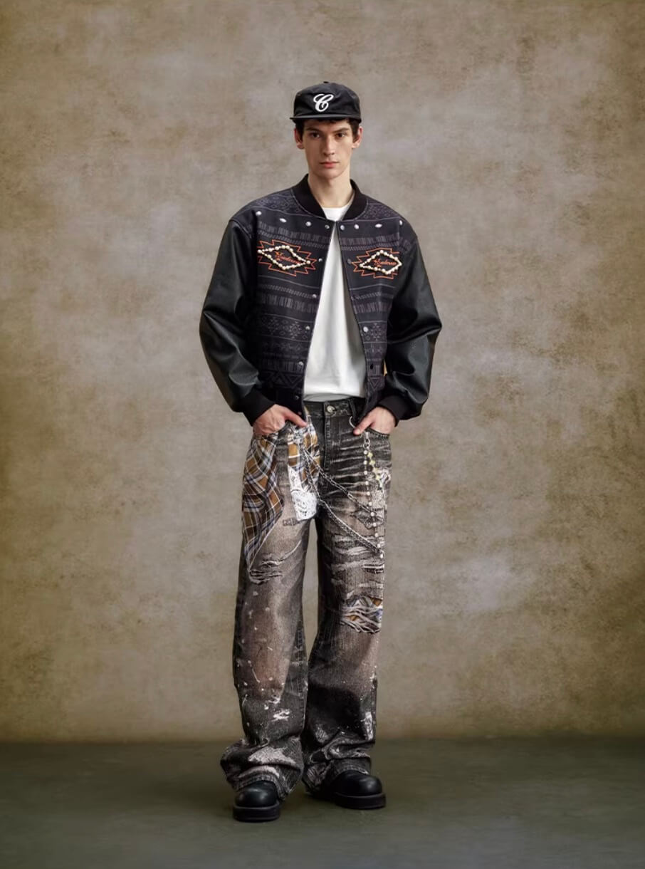 YADcrew Twisted Check Shirt 3D Digital Print Jeans