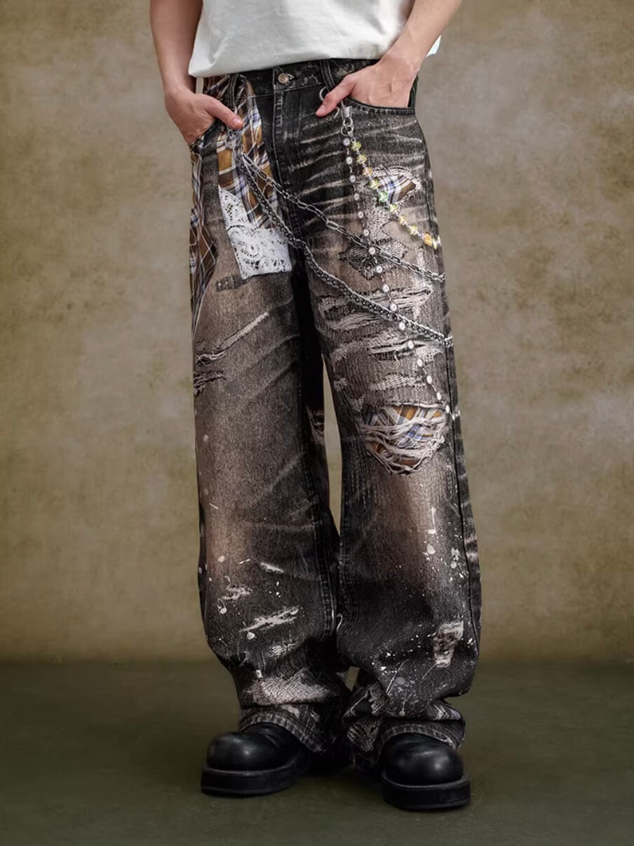 YADcrew Twisted Check Shirt 3D Digital Print Jeans