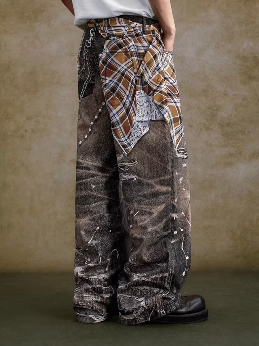 YADcrew Twisted Check Shirt 3D Digital Print Jeans