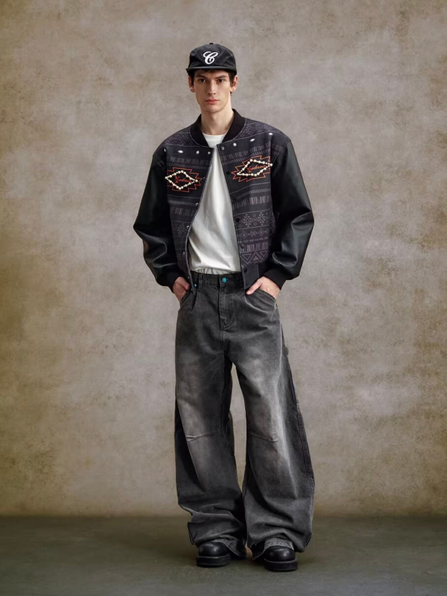 YADcrew Turquoise Studded Washed Tucked Painter Machete Jeans