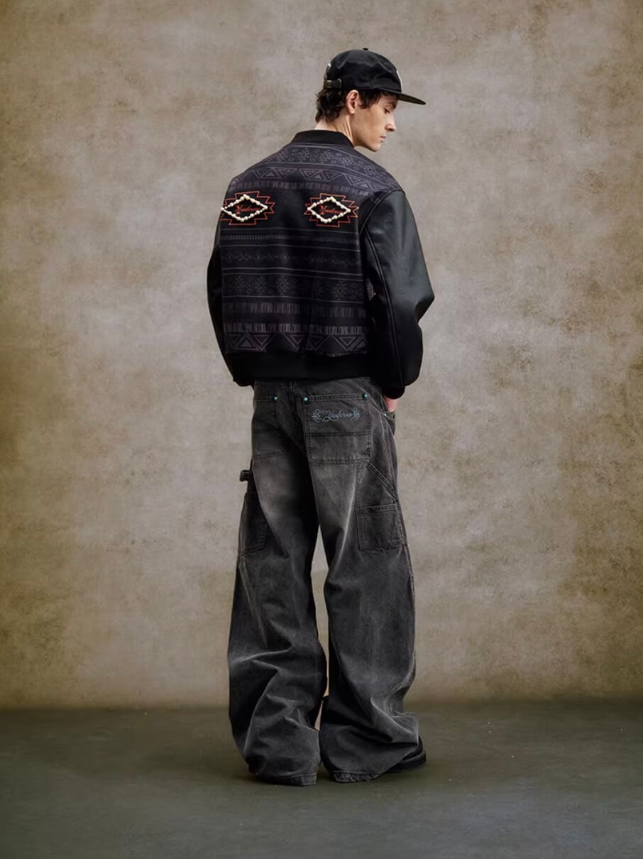 YADcrew Turquoise Studded Washed Tucked Painter Machete Jeans