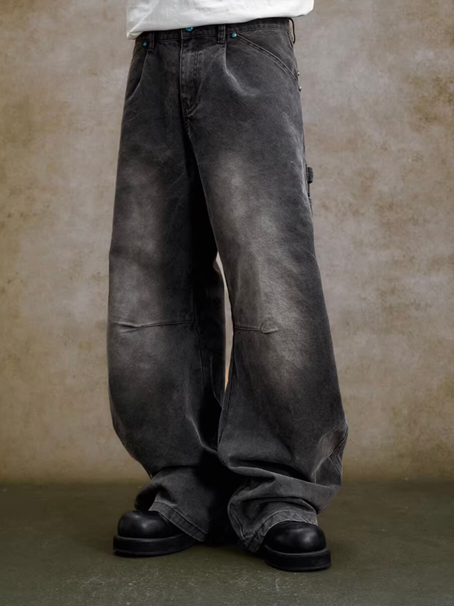 YADcrew Turquoise Studded Washed Tucked Painter Machete Jeans