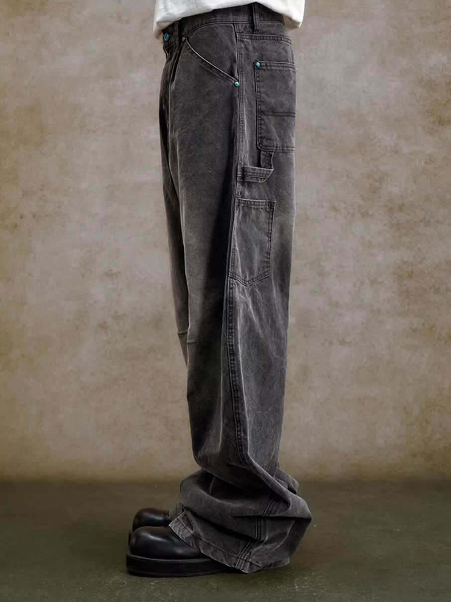 YADcrew Turquoise Studded Washed Tucked Painter Machete Jeans