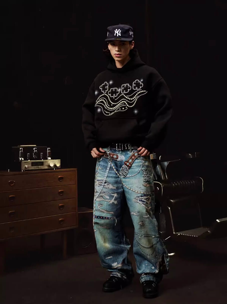 YADcrew x BIPOLAR 3D Belt Chain Digital Print Machete Jeans