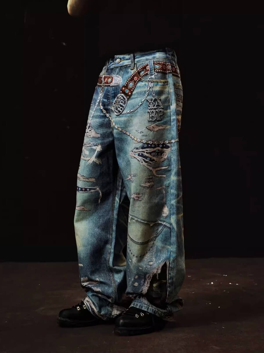 YADcrew x BIPOLAR 3D Belt Chain Digital Print Machete Jeans