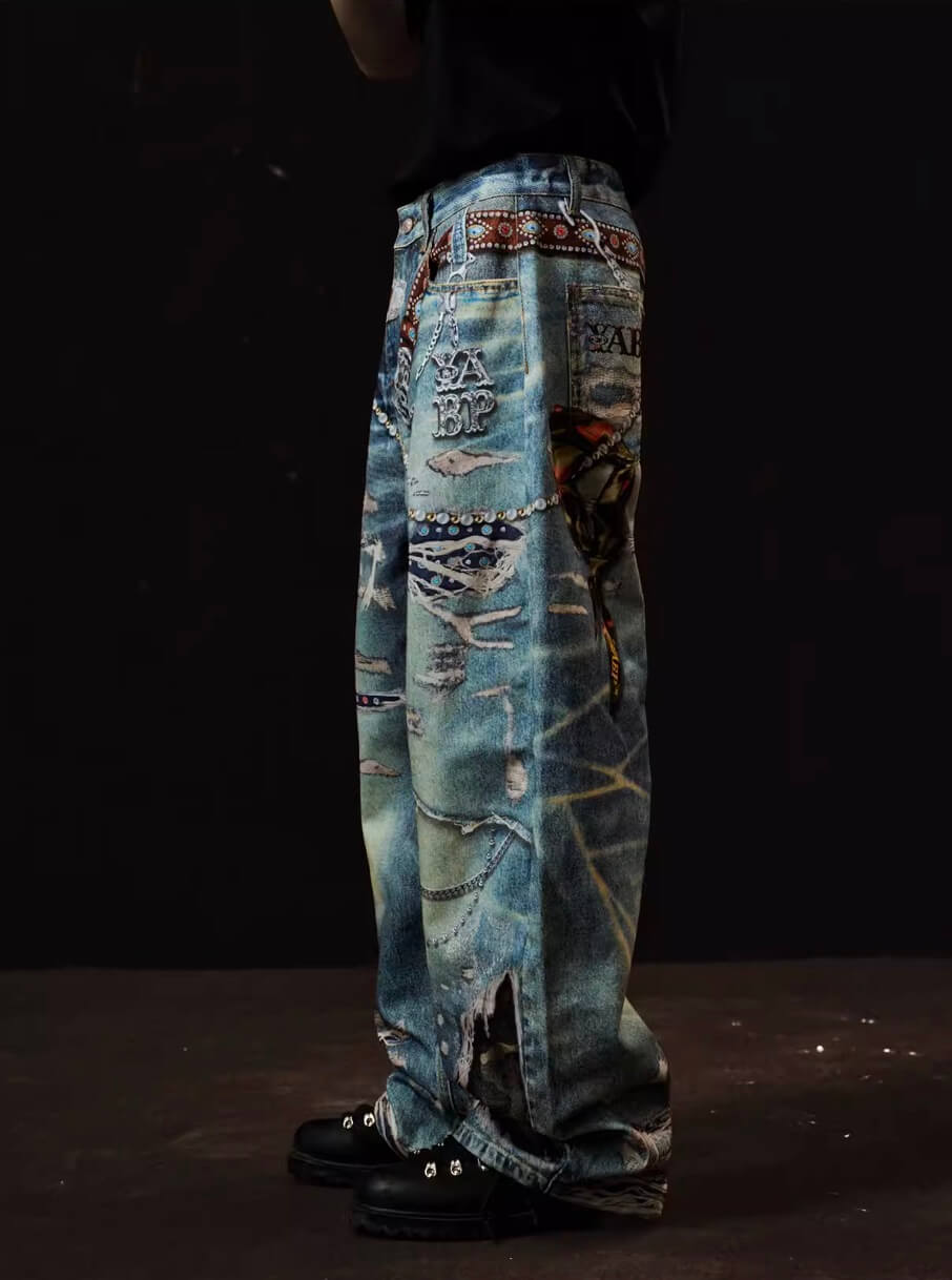 YADcrew x BIPOLAR 3D Belt Chain Digital Print Machete Jeans