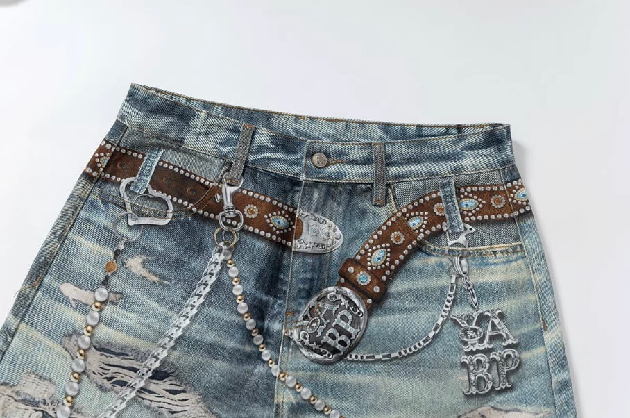 YADcrew x BIPOLAR 3D Belt Chain Digital Print Machete Jeans