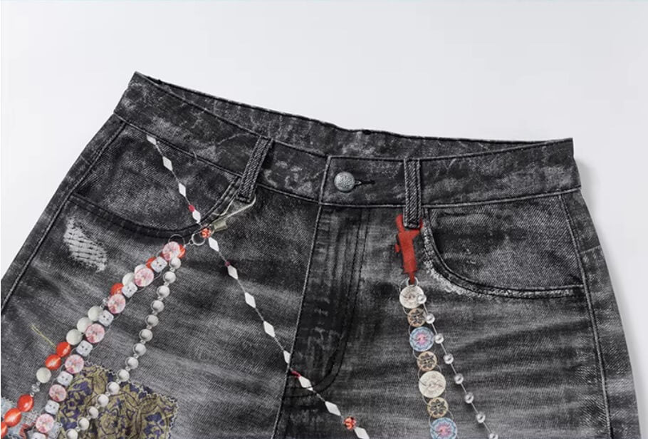 YADcrew x MEDM 3D Cloth Patch Chain Distressed Digital Print Jeans