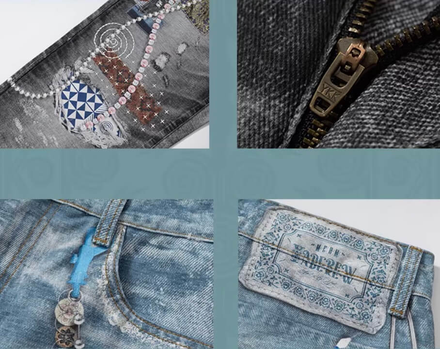 YADcrew x MEDM 3D Cloth Patch Chain Distressed Digital Print Jeans