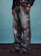 YADcrew x MEDM 3D Cloth Patch Chain Distressed Digital Print Jeans