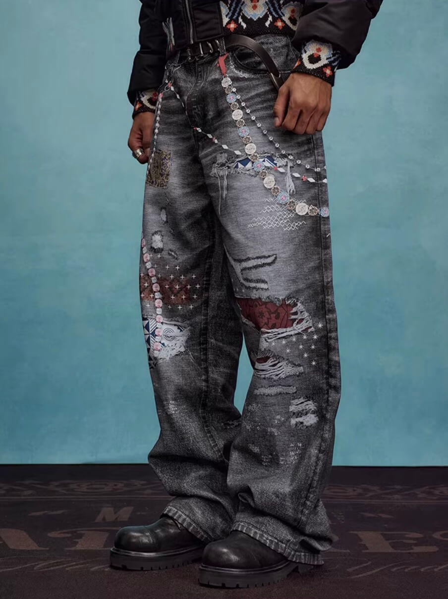 YADcrew x MEDM 3D Cloth Patch Chain Distressed Digital Print Jeans