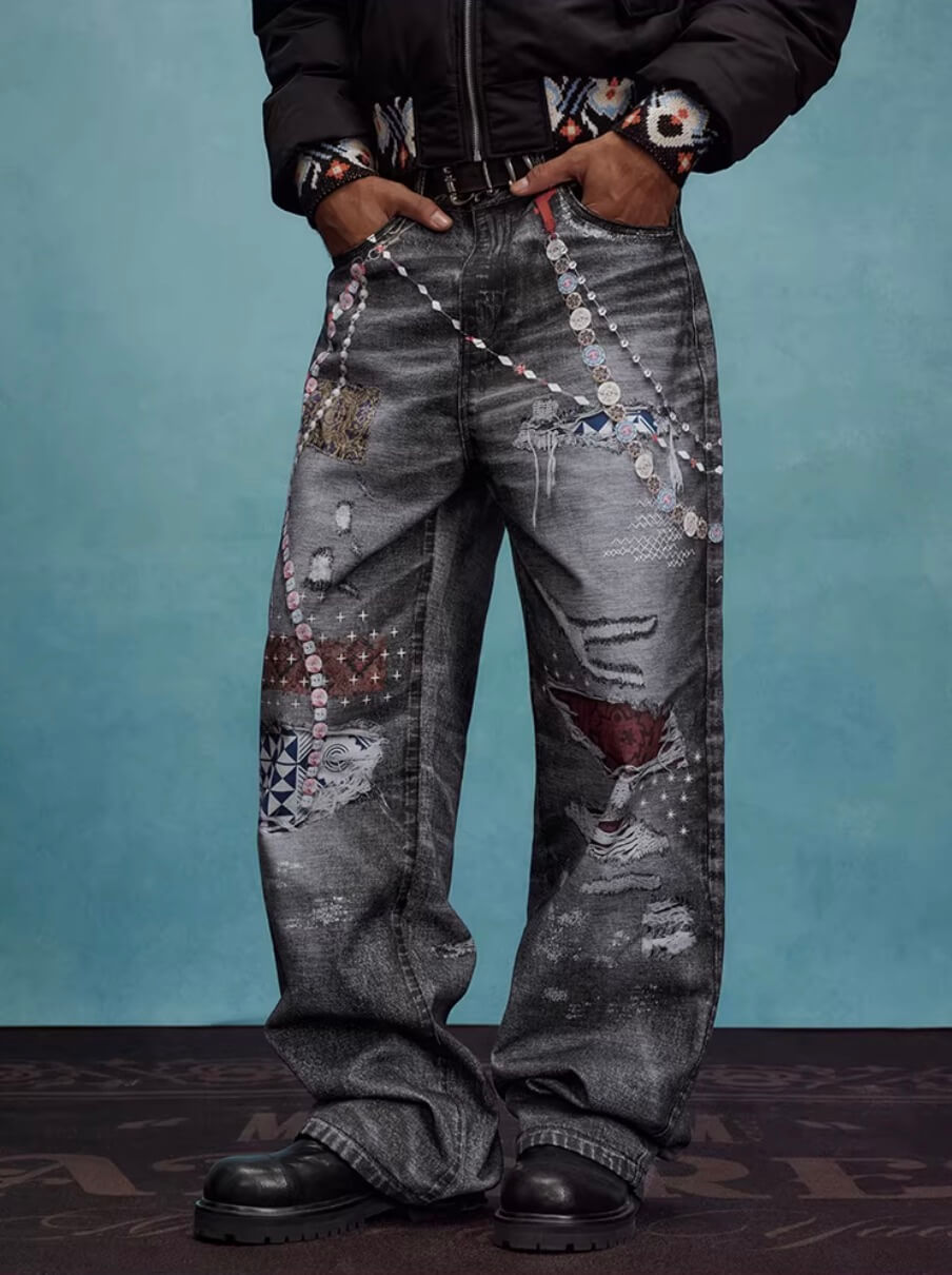 YADcrew x MEDM 3D Cloth Patch Chain Distressed Digital Print Jeans