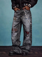YADcrew x MEDM 3D Cloth Patch Chain Distressed Digital Print Jeans