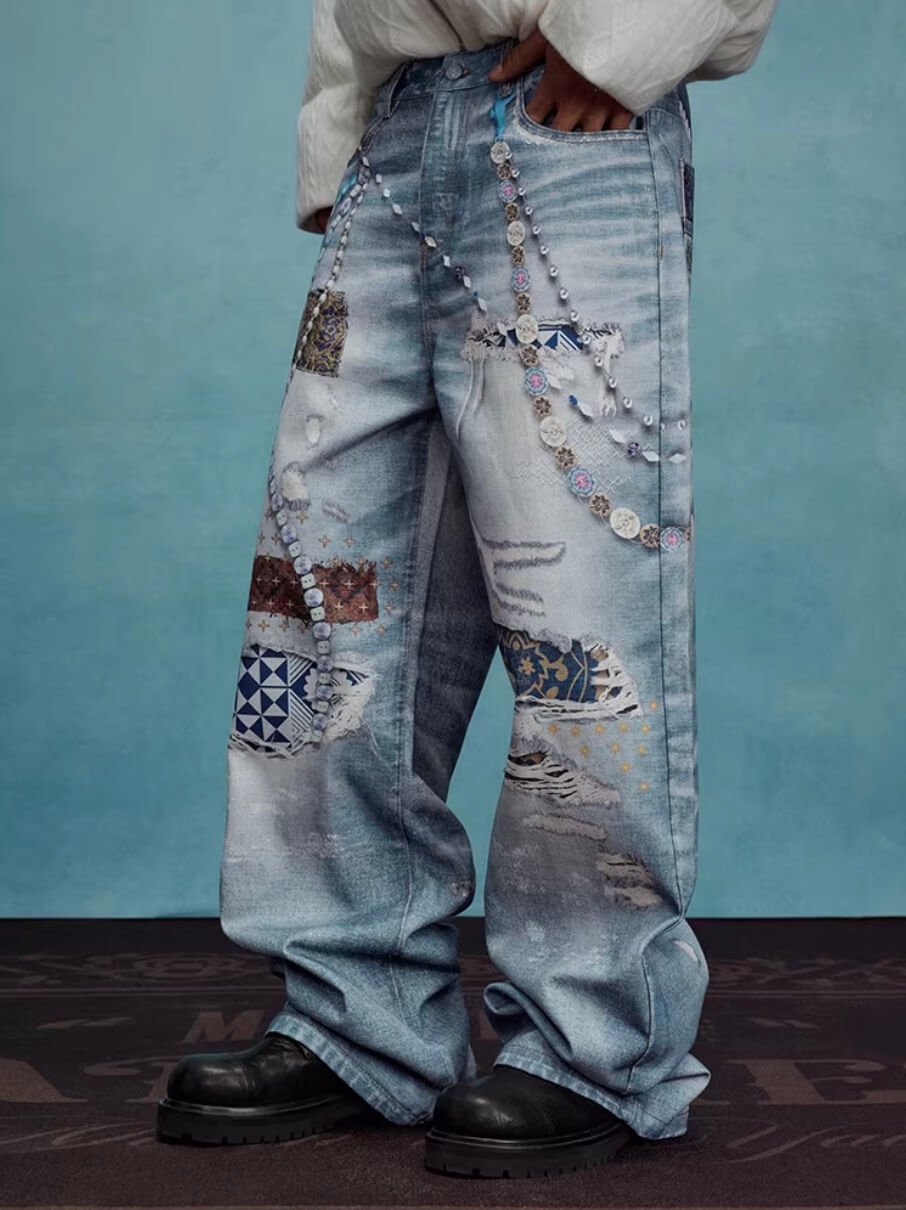 YADcrew x MEDM 3D Cloth Patch Chain Distressed Digital Print Jeans