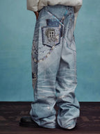 YADcrew x MEDM 3D Cloth Patch Chain Distressed Digital Print Jeans