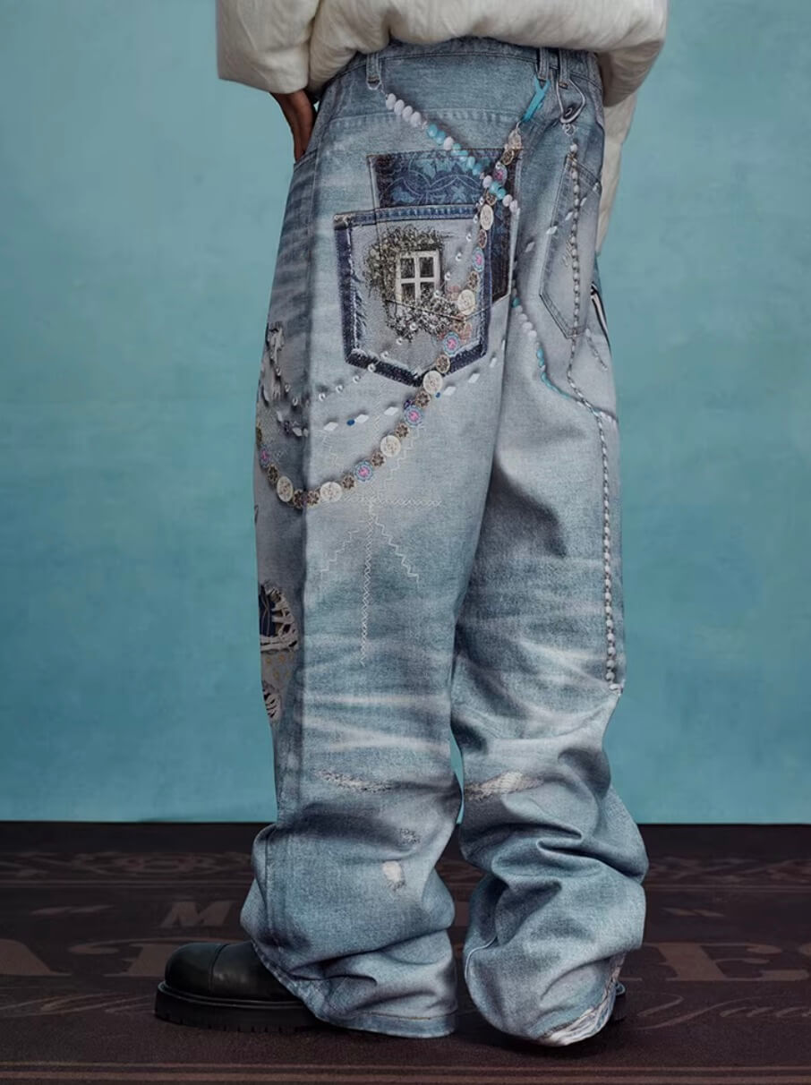 YADcrew x MEDM 3D Cloth Patch Chain Distressed Digital Print Jeans