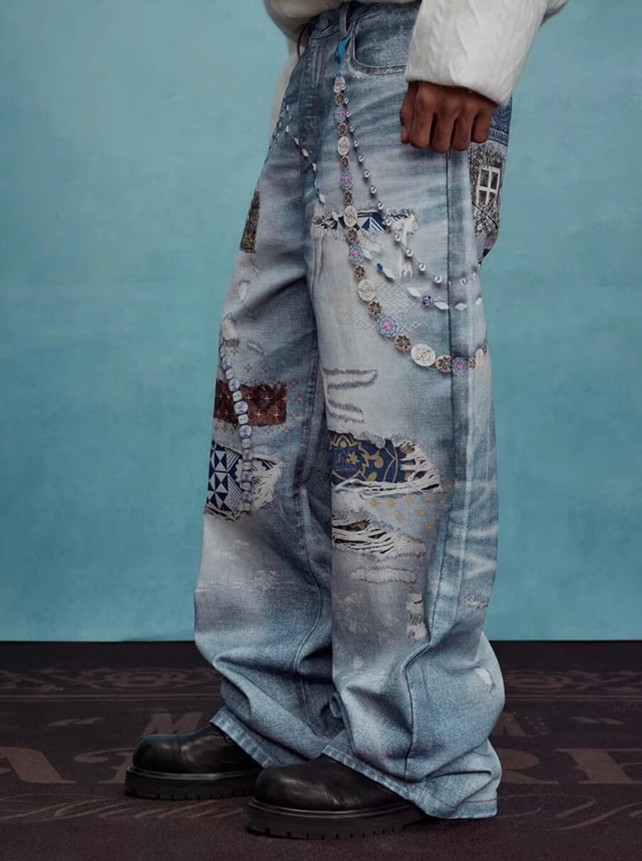 YADcrew x MEDM 3D Cloth Patch Chain Distressed Digital Print Jeans