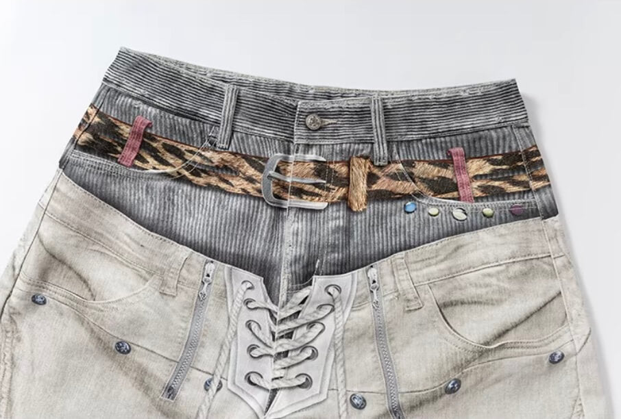 YADcrew Leopard Belt Double Waist 3D Digital Print Machete Jeans