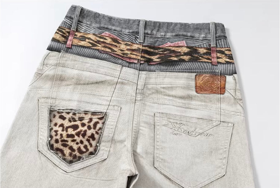 YADcrew Leopard Belt Double Waist 3D Digital Print Machete Jeans