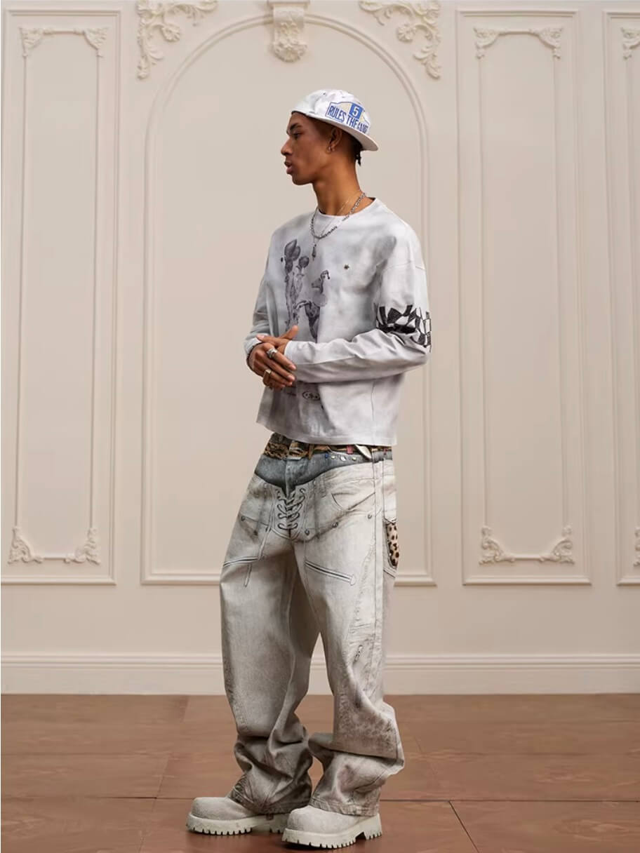 YADcrew Leopard Belt Double Waist 3D Digital Print Machete Jeans