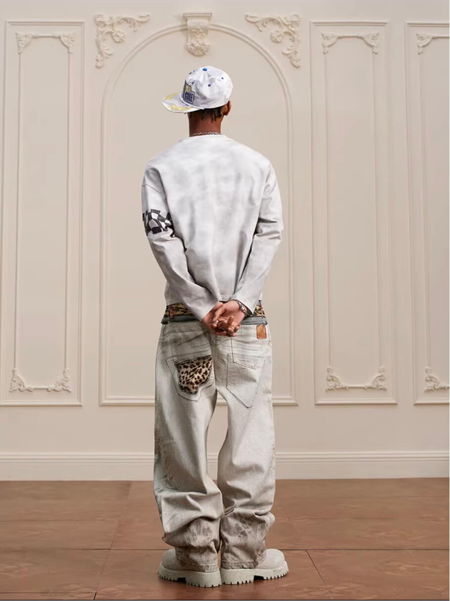 YADcrew Leopard Belt Double Waist 3D Digital Print Machete Jeans