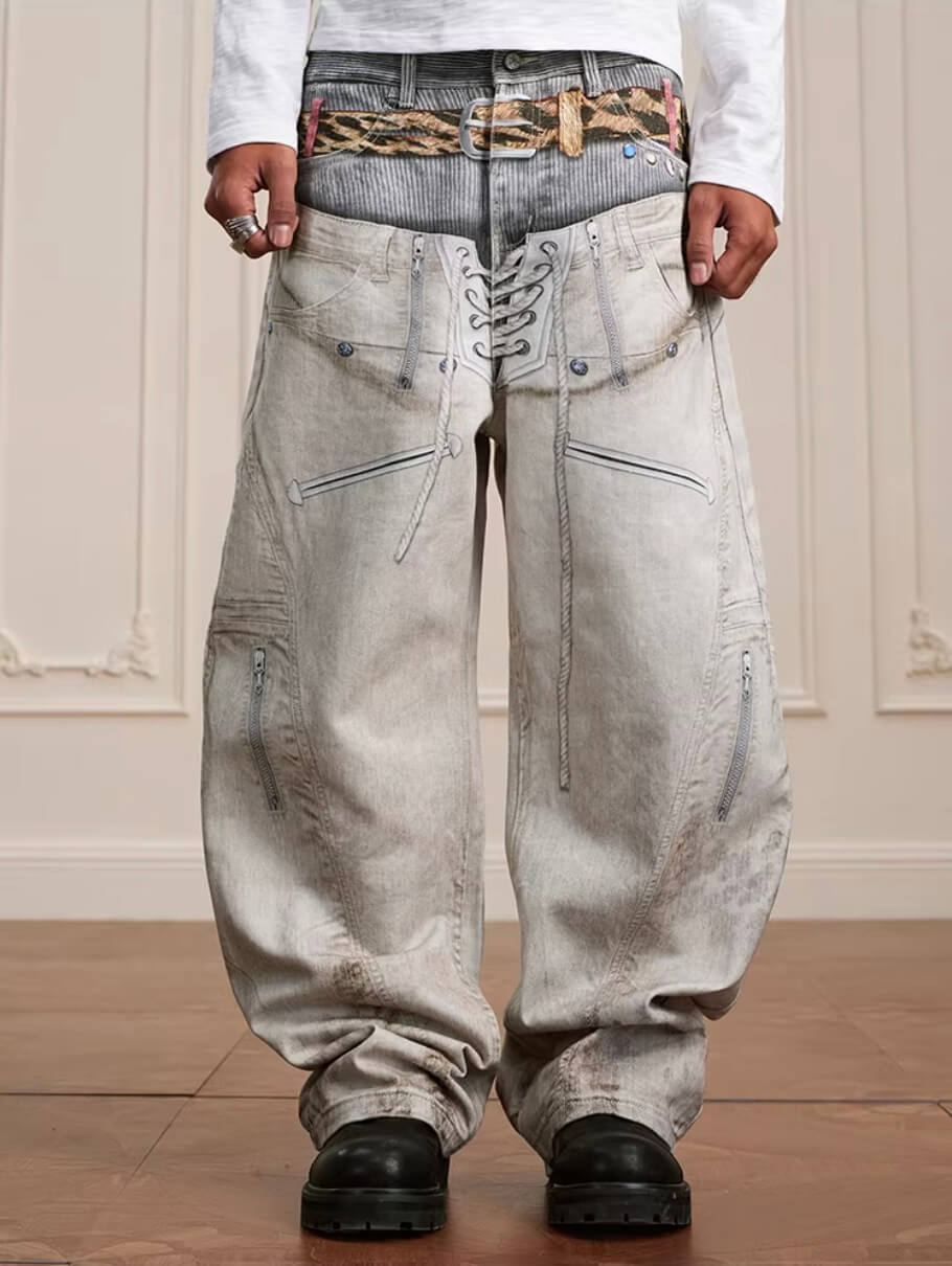 YADcrew Leopard Belt Double Waist 3D Digital Print Machete Jeans