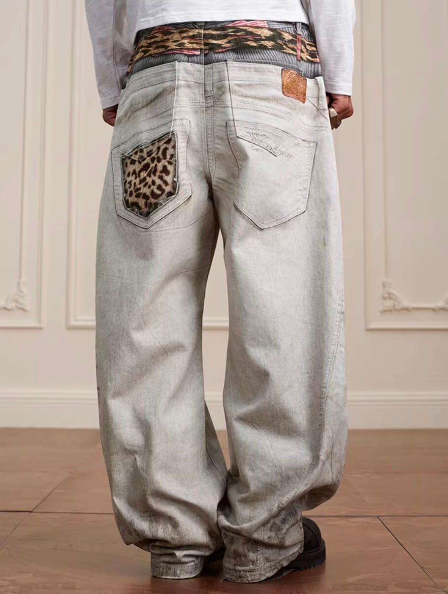 YADcrew Leopard Belt Double Waist 3D Digital Print Machete Jeans