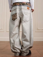 YADcrew Leopard Belt Double Waist 3D Digital Print Machete Jeans