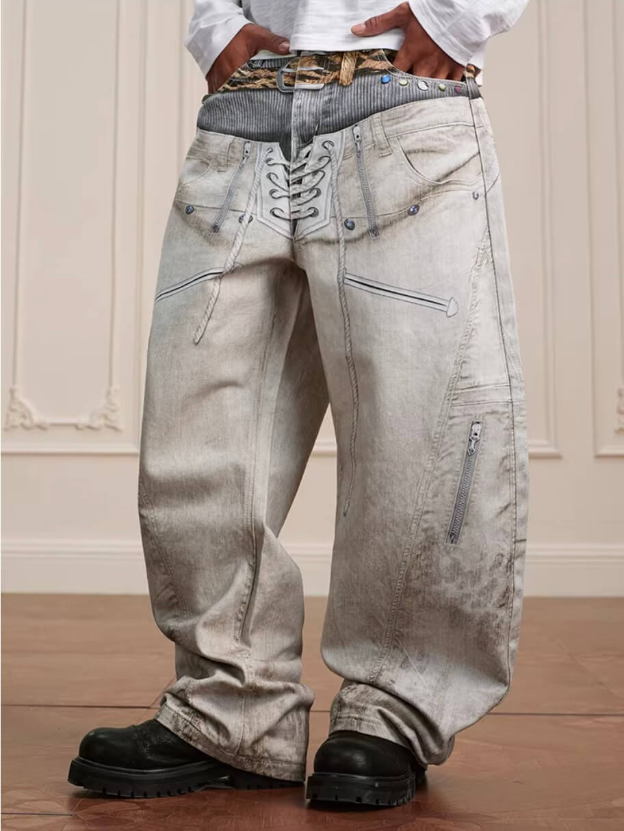 YADcrew Leopard Belt Double Waist 3D Digital Print Machete Jeans